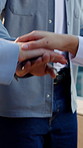 Outdoor, business people and unity with hand stack, applause and celebration for project achievement. Corporate, group and solidarity for assignment goals, collaboration and clapping together for win