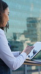 City, balcony and businesswoman with tablet for research, economist and scroll market trends on web. Outdoor, employee and person with tech for financial forecasting, smile and browsing information