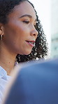 Woman, realtor and discussion with vision on balcony in city for property investment or development. Female person, real estate or agent talking to client for building negotiation or proposal in town