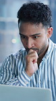 Mistake, review or man in office with laptop, client loss or missed payment in budget check. Business, error or financial consultant with tech, portfolio crisis or poor feedback on accounting report.