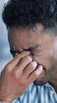 Headache, laptop and businessman in office with error, burnout or fatigue for finance report deadline. Computer, migraine and male financial manager with exhaustion for investment proposal mistake.