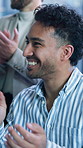 Happy man, applause and celebration for meeting in office, team or excited for financial development. Business people, smile and clapping for investment achievement, collaboration and project goals