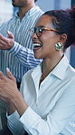 Business people, audience and applause for announcement at seminar, event and conference. Employees, team and clapping hands for motivation, support and achievement with cheering and crowd in office