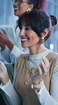Business people, crowd and applause for announcement at seminar, event and conference. Employees, team and clapping hands for motivation, support and achievement with cheering and audience in office