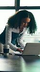 Marketing, research or woman in office with laptop, media monitor or consumer insight for proposal. Digital, typing or brand director with tech, trend review or creative ideas for advertisement pitch