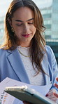 City, paperwork and business woman in meeting for real estate, property listing or sale with tablet. Planning, document and realtor outdoor for development, price negotiation or commercial investment