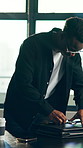 Black man, business and finish with bag in office, packing up and complete project with mobile. Leaving, professional and person in workplace with briefcase, phone and walk at end of day schedule