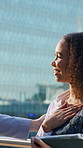 Women, realtor or discussion on balcony in city for business development or real estate property. Female people, employees or corporate investor with negotiation or chat for proposal in an urban town