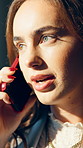 Thinking, woman and phone call with chat in office for communication, contact client and negotiation. Business person, tech and conversation for feedback, schedule update and proposal networking
