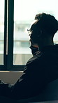 Back, man and phone call with chat in office for communication, contact client and email response. Business person, tech and conversation for feedback, schedule update and proposal networking
