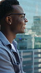Happy, black man and thinking with realtor in city for corporate property or development on balcony. Thoughtful, businessman and beathing with relief for company real estate or building in urban town