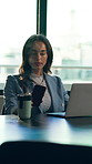 Phone, notification and woman in office with laptop, check text message or reminder for marketing job. Person, email alert and typing in business with computer, plan and idea for advertising project.