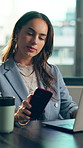 Phone, notification and woman in business with laptop, check text message or reminder for marketing job. Person, email alert and typing in office with computer, plan and idea for advertising project.