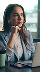 Business, woman and thinking in office with laptop, planning and research idea for digital marketing. Person, reflection and typing report in workplace with computer, online advertising and insight.