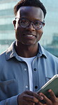 Face, tablet and black man in city for business, real estate development and laughing in town. Portrait, realtor and person with tech outdoor, property investment and funny professional with pride