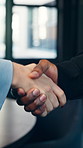 Partnership, handshake and meeting with business people in office for contract, b2b and teamwork. Welcome, introduction and shaking hands with employees in agency for agreement, deal and thank you