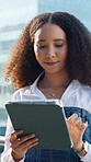 City, research and tablet with designer woman on rooftop for planning, review or scrolling. App, design and development with employee outdoor in urban town for agenda, online calendar or schedule