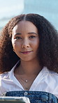 Face, tablet and business woman with smile in city, property development and pride for opportunity. Portrait, tech or person with confidence for urban planning, housing market or real estate industry