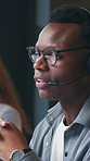 Headset, support and talking with man in call center for feedback, help or review as virtual assistant. Communication, customer service and explain with employee in agency office for problem solving