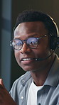 Explain, headset and support with man in call center for feedback, help or review as virtual assistant. Communication, customer service and solution with employee in agency office for problem solving