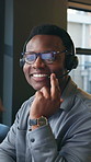Headset, listening and support with man in call center for feedback, help or review as virtual assistant. Customer service, explain and smile with employee in office for consulting or problem solving