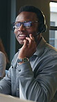 Headset, support and talking with man in call center for feedback, help or review as virtual assistant. Communication, customer service and smile with employee in agency office for problem solving