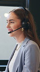 Call center, friendly or woman in office with headset, contact us or investment advice in crm service. Assistance, mic or finance consultant with tech, online banking or feedback in loan support.