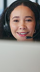 Call center, headset or woman in firm with computer, contact us or investment advice in crm service. Assistance, tech or financial consultant with mic, online banking or feedback in loan support.