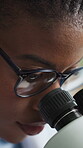 Microscope, glasses and medical with black woman in laboratory for research, disease cure and dna. Science sample, microbiology review and vaccine trial with person in clinic for healthcare study