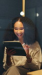 Night, tablet or business woman in booth for research, compliance review or scroll email. Tech, soundproof cubicle or happy consultant in workplace for policy regulation approval, overtime or privacy