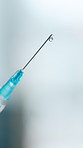 Needle, injection and drip with liquid for cure, vaccination or antibiotic in hospital. Empty, syringe or mockup space with medical fluid for healthcare vaccine, medication or IV therapy in clinic