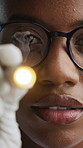 Black woman, doctor and neurology with light for exam, medical checkup or optic nerve response. Portrait, female person or healthcare worker with finger movement or POV for brain or muscle function