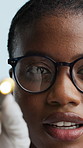 Black woman, doctor and eyes with light for exam, medical checkup or optic nerve response in clinic. Portrait, female person or healthcare worker with finger movement for muscle function or neurology