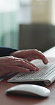 Hands, typing and computer with report at office for solution, insight or feedback for legal advice services. People, attorney and advisor with pc, notes and proposal for case at corporate law firm