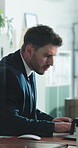 Man, lawyer and computer with window at office for solution, insight or notification for legal advice services. People, attorney and advisor with pc, notes and feedback for case at corporate law firm