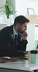 Thinking, business and man with laptop in office, claim investigation and research for evaluation. Review, reflection and insurance broker with pc for risk assessment, typing incident report or glass