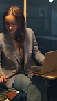 Business, laptop and reading with woman in pod at office for ad review, planning or report. Computer, paperwork and typing with marketing employee in workplace booth for feedback or research