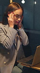 Business, woman and headache with laptop in office for fatigue, brain fog and project mistake at night. Female person, tired and migraine with pc, burnout stress and vertigo from deadline pressure