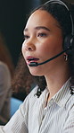 Call center, headset or woman in agency with tech, contact us or investment advice in crm service. Assistance, coworking or finance consultant with mic, online banking or feedback in loan support.