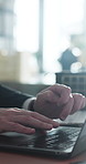 Hands, typing and laptop with report at office for solution, insight or feedback with legal advice services. People, attorney and advisor with pc, notes and proposal for case at corporate law firm