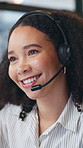 Call center, headset or woman in agency with happiness, contact us or investment advice in crm service. Smile, mic or finance consultant with computer, online banking or assistance in loan support.