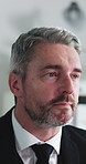 Man, lawyer and review with thinking at office for solution, insight or mindset for legal advice services. Mature person, attorney and advisor with reflection, decision and job at corporate law firm