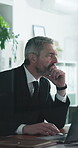Thinking, stress or businessman with laptop in office, claim investigation and review for evaluation. Reflection, frustrated and mature insurance broker with compliance check, fraud case and glass