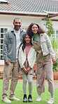 Face, parents and child in front yard with new house, property investment and embrace for real estate. Happy people, mother and father outdoor with daughter, dream home and family hug for relocation.