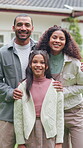 Backyard, face or parents with daughter for support, real estate investment or smile for dream house. Outdoor, property purchase or happy people with child for family bonding, connection or portrait
