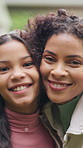 Face, mother and child outdoor for love, connection and parent bonding with happy daughter in rain. Mom, girl and family with care, support and smile with kid for portrait together in wet weather