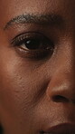 Face, eyes or woman with optometry at clinic, vision assessment or contact lenses for visual correction. Eye care, portrait and black person with check for optical wellness, glaucoma test and blink