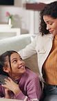 Mother, child and phone secret in house with hide social media post, monitor or talk for online safety. Sneaky, girl and mom in home with tech, suspicious website or discussion for internet security.