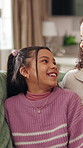 Love, parents or girl in house with happiness, childcare or healthy relationship on weekend break. Laugh, people or child with bonding, positive moment or family connection in emotional development.