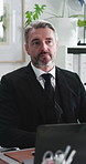 Business, investor and man in meeting, laptop for investment strategy and listening to feedback. Mature person, financial advisor or professional in office, pc or conversation for trading opportunity